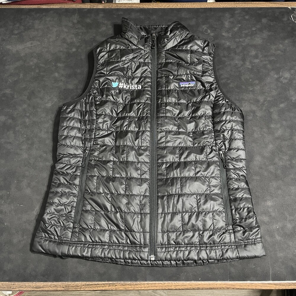 Patagonia Nano Puff Vest Women Size Large Twitter Logo Black Quilted Jacket VTG
